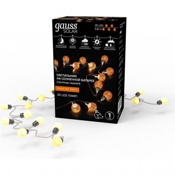 Гирлянда садовая на солнечной батарее GAUSS SOLAR 20 LED ламп Большие Шары Белый свет