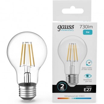 Лампа GAUSS FILAMENT ELEMENTARY А60 9W 730lm 4100К Е27 LED 1/10/50 Лампа GAUSS FILAMENT ELEMENTARY А60 9W 730lm 4100К Е27 LED 1/10/50