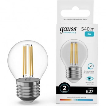 Лампа GAUSS FILAMENT ELEMENTARY Шар 8W 540lm 4100К Е27 LED 1/10/100 Лампа GAUSS FILAMENT ELEMENTARY Шар 8W 540lm 4100К Е27 LED 1/10/100