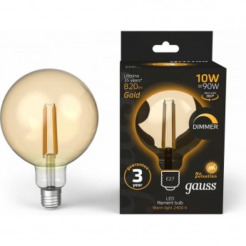 Лампа GAUSS FILAMENT G125 10W 820lm 2400К Е27 golden диммируемая LED Лампа GAUSS FILAMENT G125 10W 820lm 2400К Е27 golden диммируемая LED