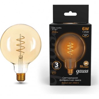 Лампа GAUSS FILAMENT G125 6W 360lm 2400К Е27 golden flexible LED Лампа GAUSS FILAMENT G125 6W 360lm 2400К Е27 golden flexible LED
