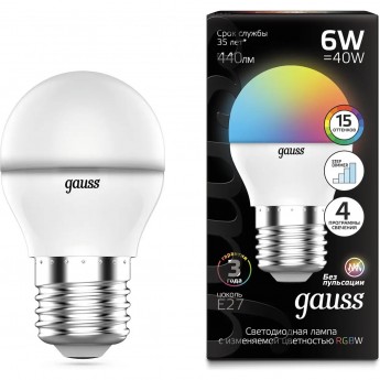 Лампа GAUSS Шар G45 6W E27 RGBW+димирование LED