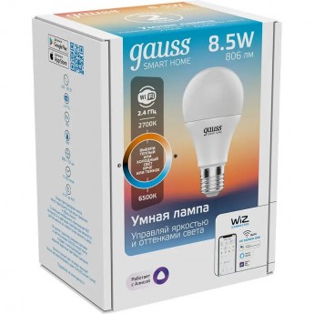 Лампа GAUSS SMART HOME A60 8,5W 806lm 2700-6500К E27 изм.цвет.темп.+диммирование LED Лампа GAUSS SMART HOME A60 8,5W 806lm 2700-6500К E27 изм.цвет.темп.+диммирование LED