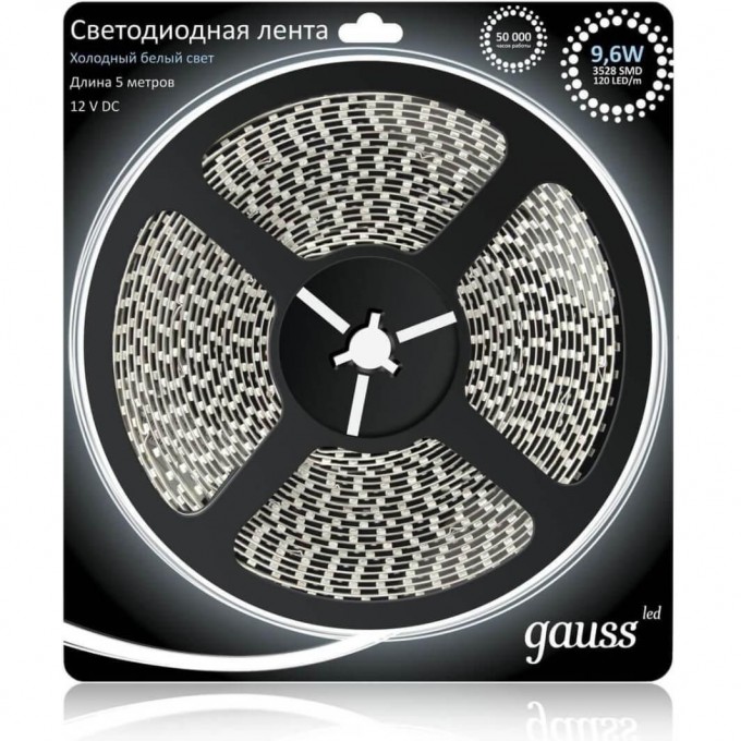 Лента GAUSS LED 2835/120-SMD 9.6W 12V DC холодный белый (блистер 5 м) 312000310