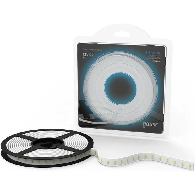 Лента GAUSS LED 2835/60-SMD 4.8W 12V DC холодный белый (блистер 5м) 312000305