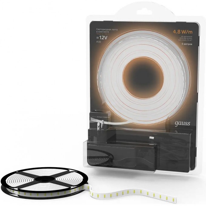 Лента GAUSS LED Комплект 2835/60-SMD 4,8W 12V DC теплый белый IP20 (блистер 5м) 312400148