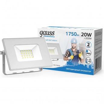 Прожектор GAUSS ELEMENTARY 20W 1750lm 6500K 200-240V IP65 LED 1/20 белый Прожектор GAUSS ELEMENTARY 20W 1750lm 6500K 200-240V IP65 LED 1/20 белый