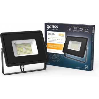 Прожектор GAUSS QPLUS 50W 6000lm 3000K 175-265V IP65 черный Прожектор GAUSS QPLUS 50W 6000lm 3000K 175-265V IP65 черный